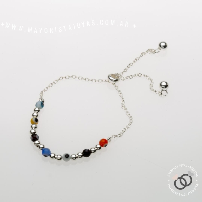 PULSERA PLATA CON OJITOS MULTICOLOR (PBL0211)