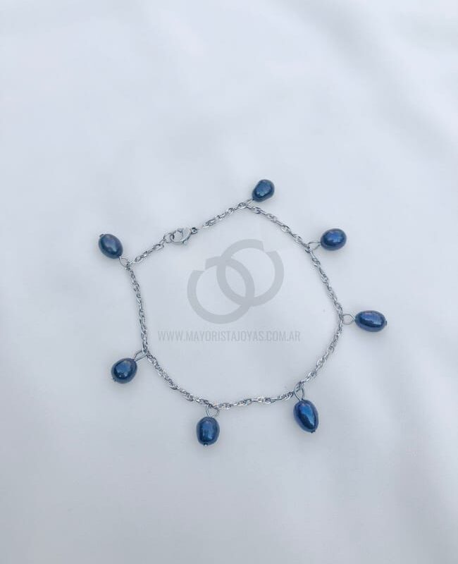 PULSERA ACERO Y PERLAS AZULES (6320)